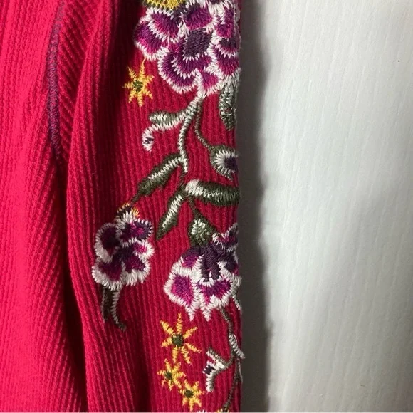 Nwot Sundance Waffle Thermal Top L Embroidery Floral Boho Indie Retro Magenta - Picture 7 of 7